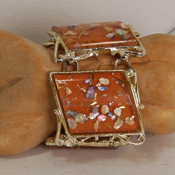 Vintage Cuff Bracelet Confetti Lucite PAM Gold-one Orange - Picture 3 of 8